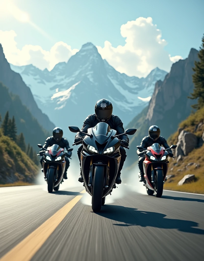 Three R6 riders streak across the winding asphalt, their sleek motorcycles leaving trails of smoke as they hurtle towards the rugged mountain range in the distance. The matte painting-style backdrop features towering peaks, lush green forests, and wispy cloud formations. Sunlight casts long shadows on the road, illuminating the motorcyclists' helmets and jackets as they bank into a turn, their tires screeching in perfect harmony., retina, accurate, masterpiece, super detail, high details, best quality, award winning, highres, HD, 4K, 8k, 16k, retina, accurate, masterpiece, anatomically correct, textured skin, super detail, high quality, award winning, highres, 8k, 16k