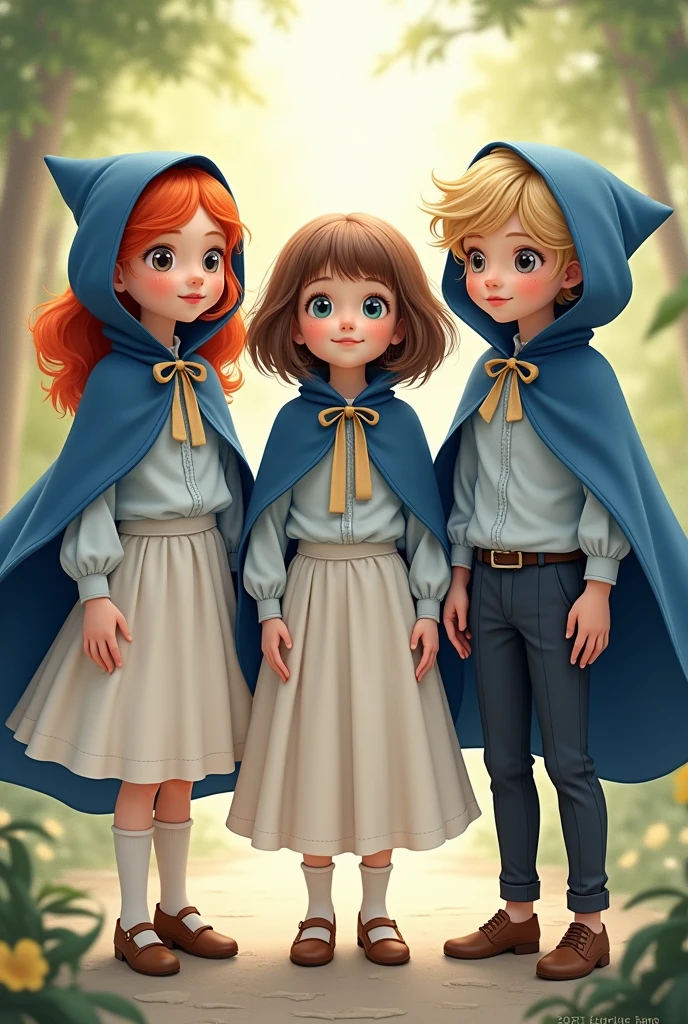 three children, , a redhead girl, a brown haired one and a blond boy. all wearing a light blue blouse, with a white vest, with a navy blue hooded cape. the one in pants and the girls in skirts, all white.