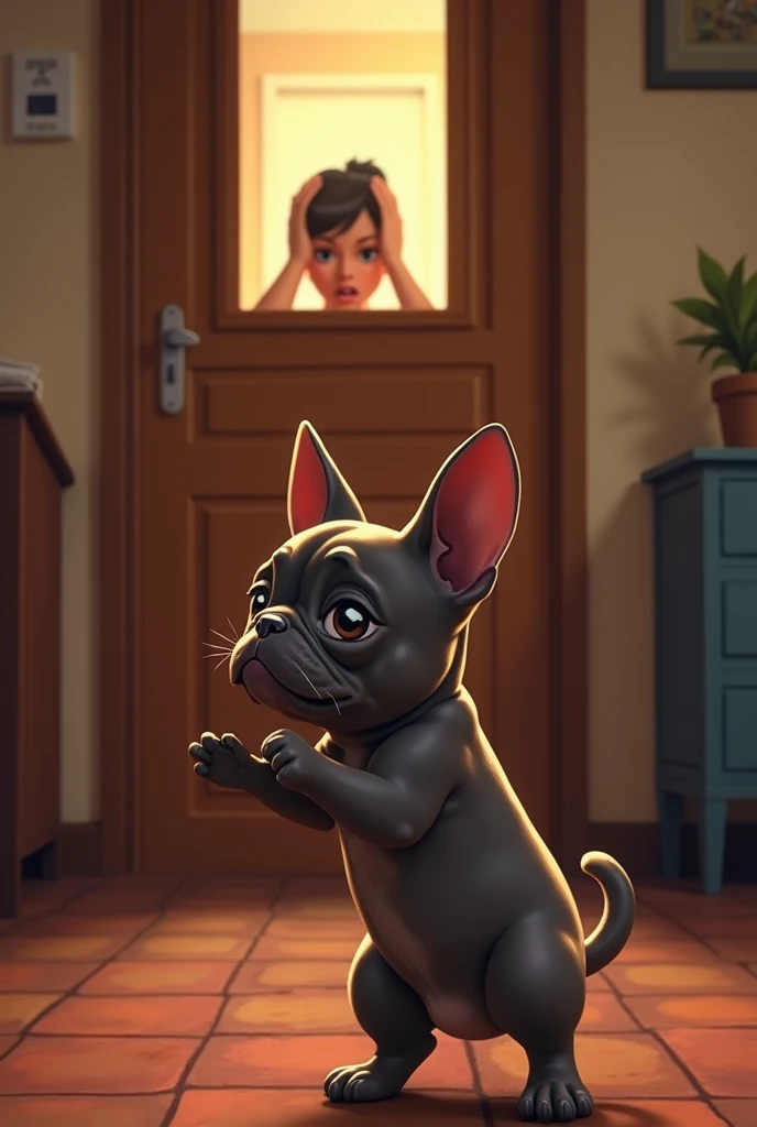 Raising a French bulldog puppy barking a lot at a closed door in an apartment. In that still door there is a woman with both hands on her head.