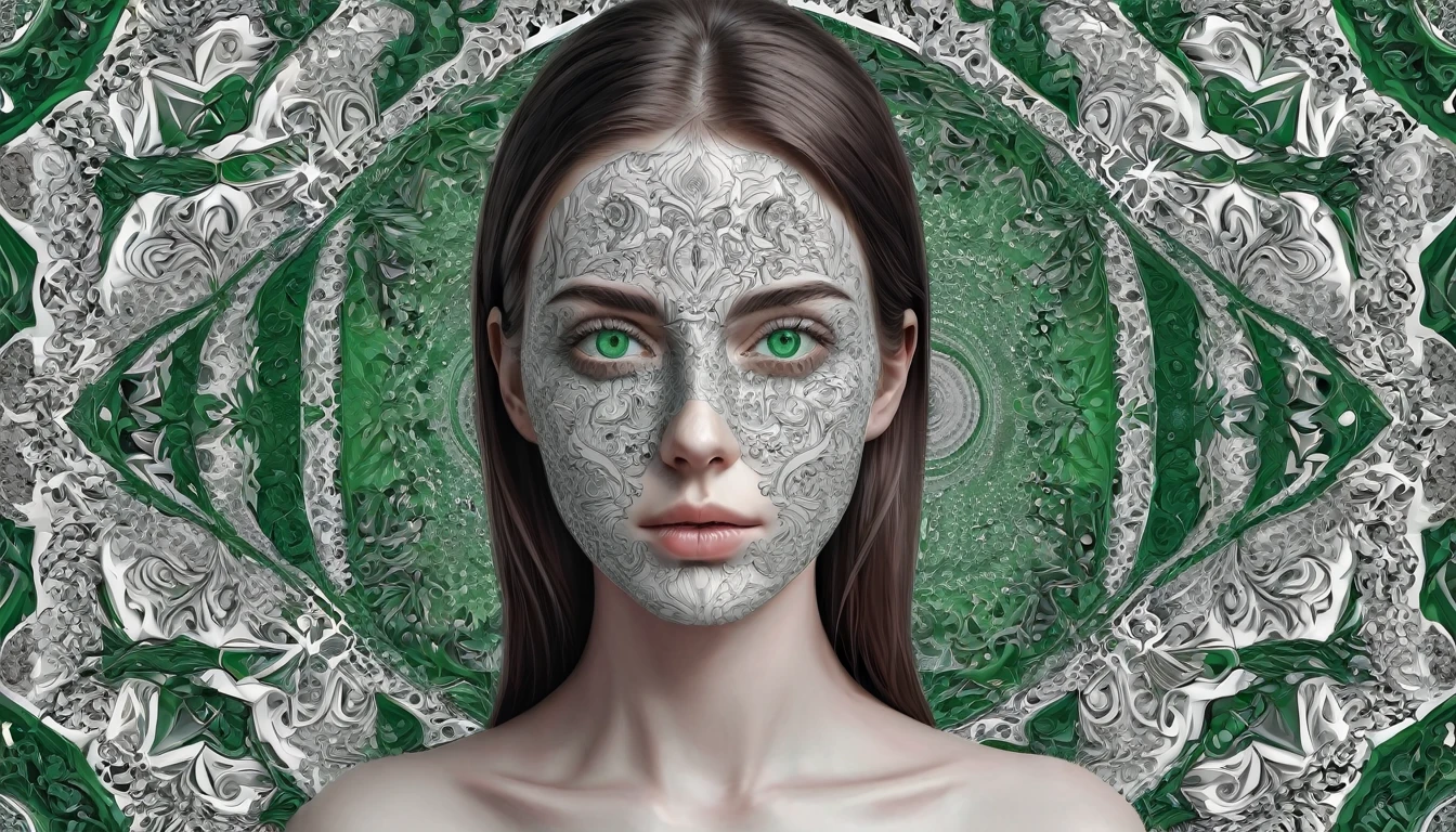 a woman with a black and white pattern on her face, stunning green eyes, stunning digital art, complicated digital art, 3 d digital art, 3d digital art, complicated digital artwork, Advanced 3D digital art, amazing detailed digital art, digital complicated art, Detailed 3D digital art, amazing digital art, 4k symmetrical portrait, 4k symmetrical portrait
