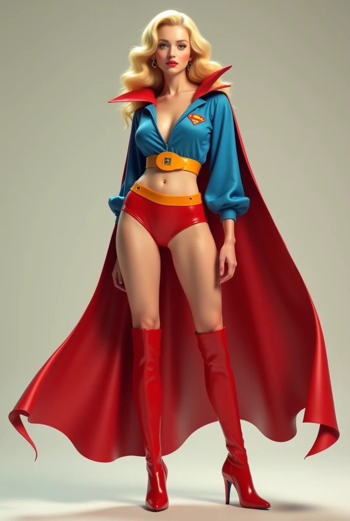 A SEXY LARGE BREAST BLONDE TEEN FEMALE WEARING A 1970 BLUE OPEN V BUTTONLESS BLOUSE WITH A SMALL "S"EMBLEM ON THE RIGHT SIDE OF HER CHEST, A PAIR OF RED SHORTS WITH A YELLOW BELT, TALL RED HEELED BOOTS, A BLUE CHOKER, AND A LONG FLOWING RED CAPE.