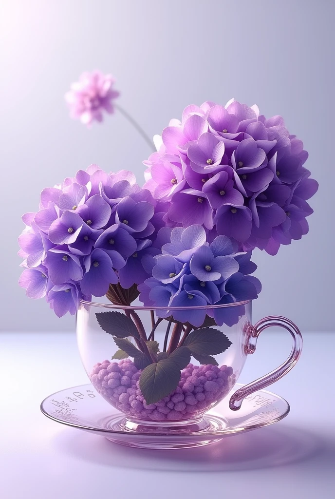 Many deep purple hydrangeas in a transparent teacup