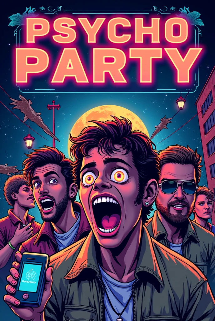 party poster, club, psychology, university, psycho party, poster, bright colors, 90s 00s music, retro style