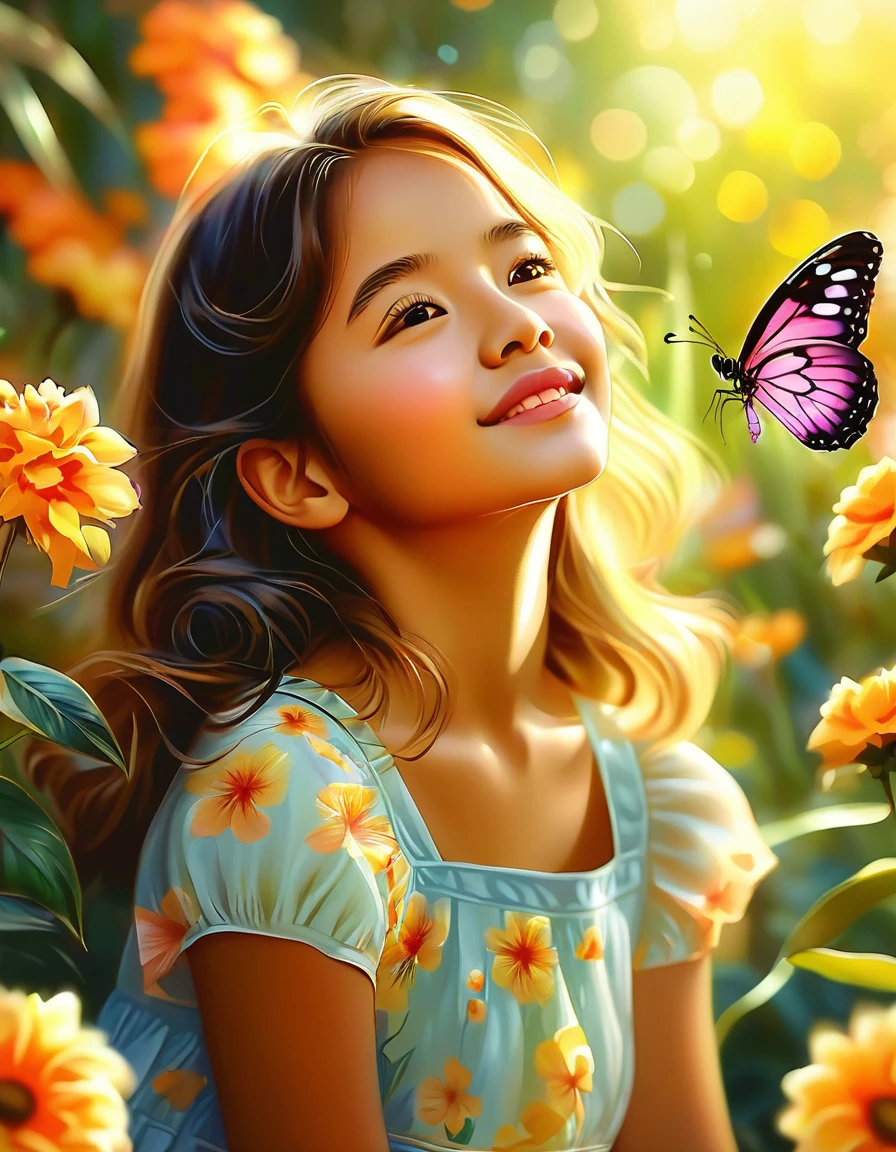 A girl in a garden,illustration,flores coloridas,mariposas,luz del sol moteada,brisa suave,Mejor calidad,ultra detallado,fotorrealista,Colores vibrantes,warm tones,Soft lighting,happy atmosphere,peaceful background.