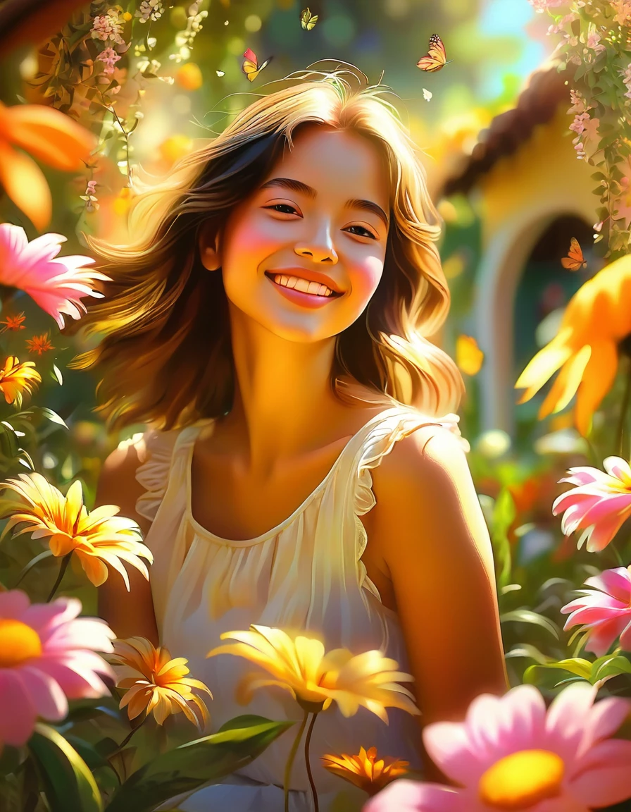 A girl in a garden,illustration,flores coloridas,mariposas,luz del sol moteada,brisa suave,Mejor calidad,ultra detallado,fotorrealista,Colores vibrantes,warm tones,Soft lighting,happy atmosphere,peaceful background.