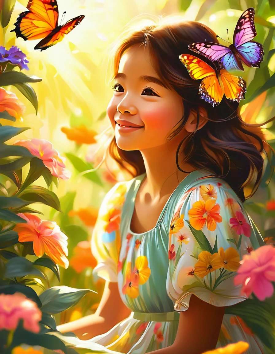 A girl in a garden,illustration,flores coloridas,mariposas,luz del sol moteada,brisa suave,Mejor calidad,ultra detallado,fotorrealista,Colores vibrantes,warm tones,Soft lighting,happy atmosphere,peaceful background.