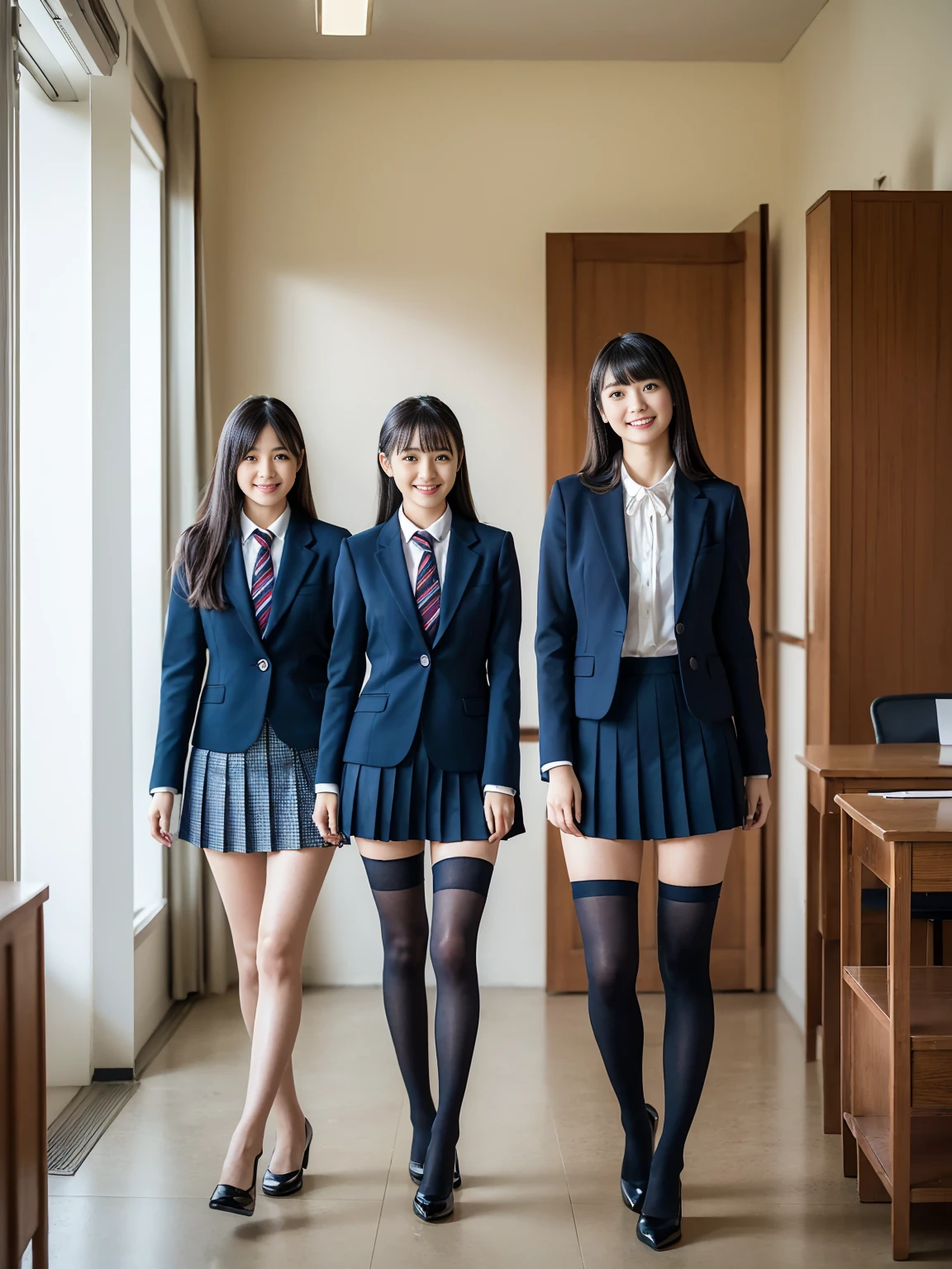 (Highest quality, masterpiece, Photorealistic, Super detailed, Ultra-high resolution, born:1.3), (Three people:1.3), beautiful, 日本人の女子高born, , In the classroom, 学born服,Navy blue high waist pleated mini skirt, (Black Stockings),(smile), (bangs), (Long legs, whole body:1.2),  (Standing side by side)