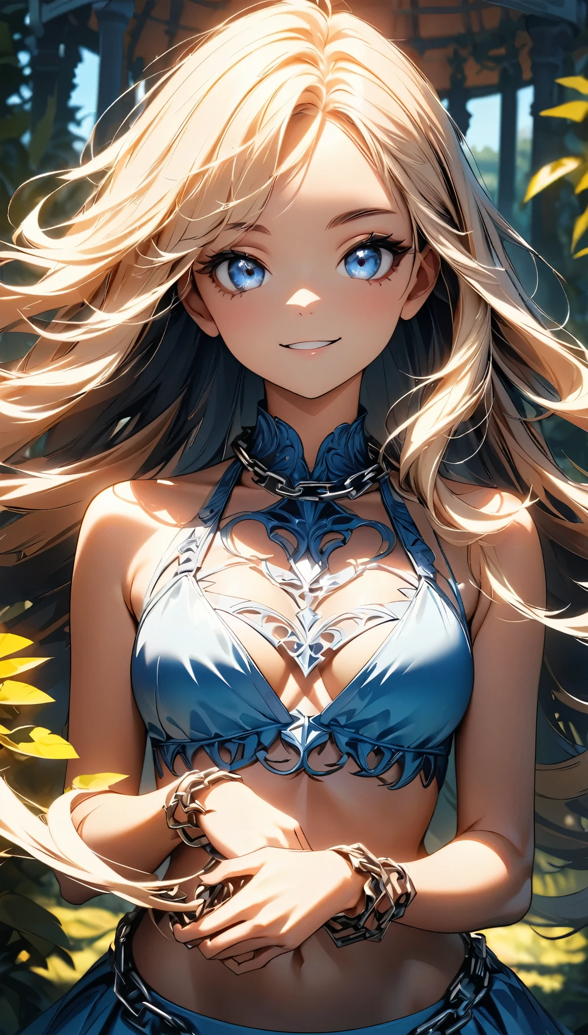 (Highest quality:1.2, Very detailed, up to date, Vibrant, Ultra-high resolution, High Contrast, masterpiece:1.2, Best aesthetics), JK, (((1 person, beautiful girl))), ((Metal Chain Bikini:1.4, Bikini with chains)), (Holding a metal chain in both hands:1.2), Detailed face, Beautiful Eyes, Double eyelids, Delicate features, Porcelain Skin, Flowing Hair, Mischievous smile, Intricate dress design, Bust Shot, Focus on the face, Cinematic lighting, Dramatic Shadows, Bright color palette, Pop Art, Pop atmosphere, Gazebo, Vegetation background, Background Blur, Shallow depth of field.