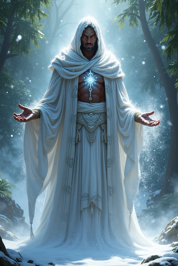 Create a snow god, Brazilian indigenous culture, he must have brown skin, white and gray clothes, holding the snow.