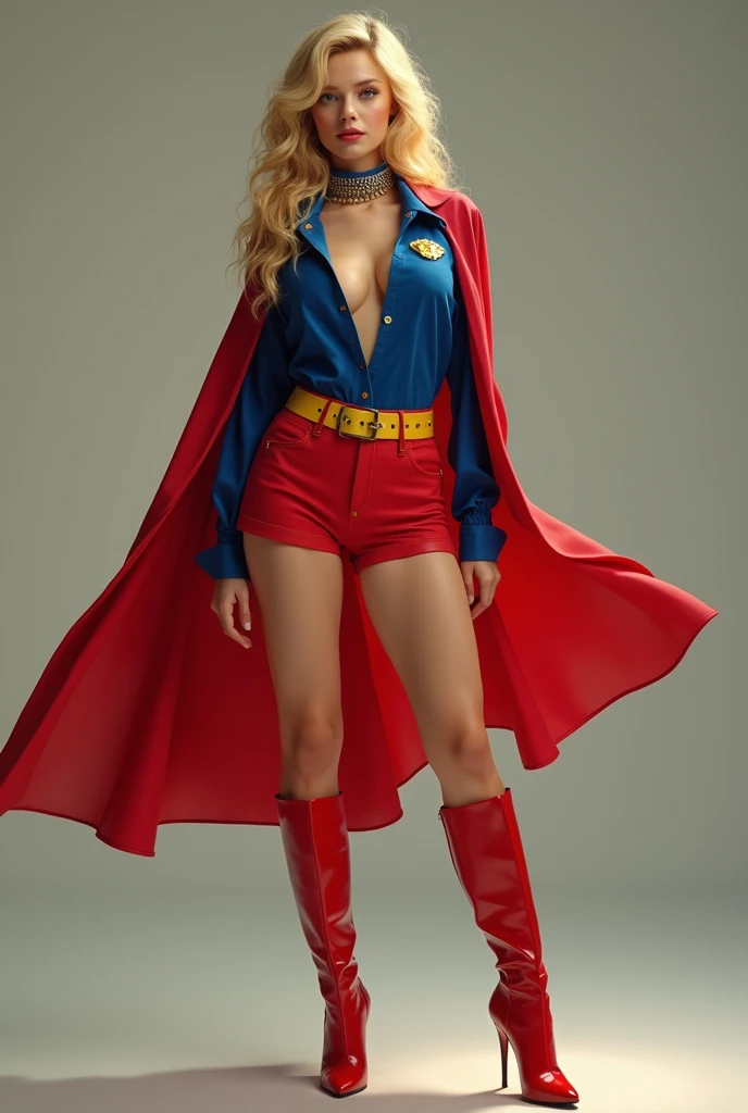 A SEXY LARGE BREAST BLONDE TEEN FEMALE WEARING A 1970 BLUE OPEN V BUTTONLESS BLOUSE WITH A SMALL "S"EMBLEM ON THE RIGHT SIDE OF HER CHEST, A PAIR OF RED SHORTS WITH A YELLOW BELT, TALL RED HEELED BOOTS, A BLUE CHOKER, AND A LONG FLOWING RED CAPE