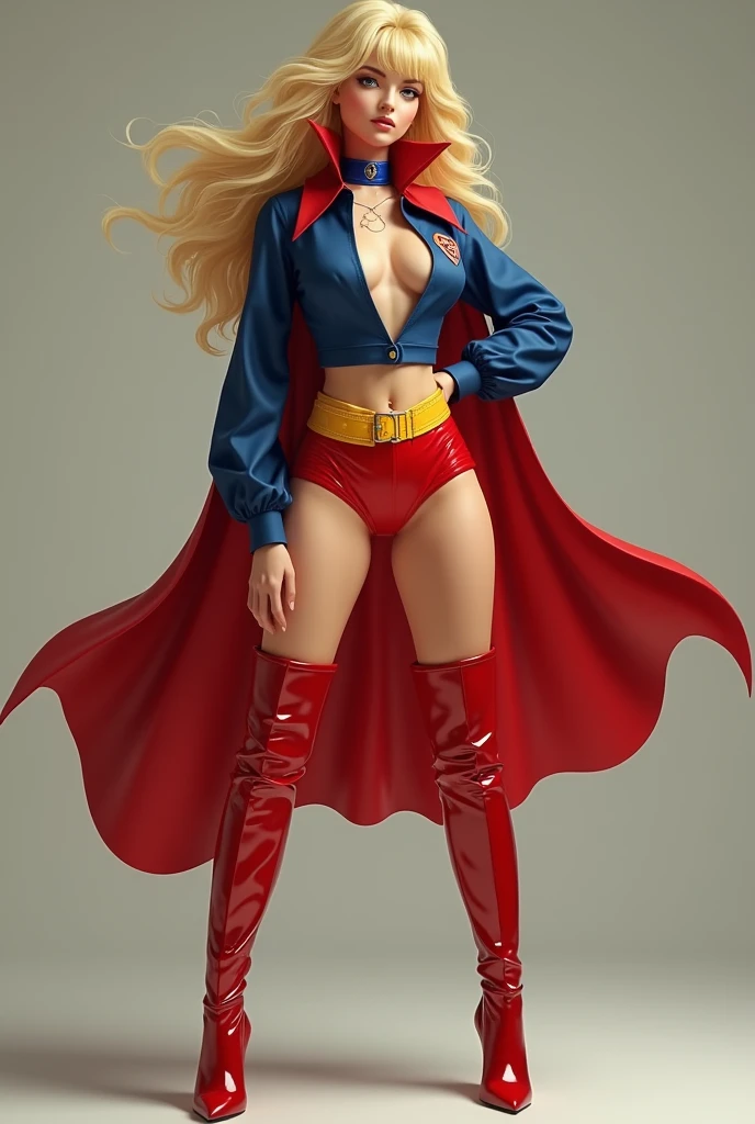 A SEXY LARGE BREAST BLONDE TEEN FEMALE WEARING A 1970 BLUE OPEN V BUTTONLESS BLOUSE WITH A SMALL "S"EMBLEM ON THE RIGHT SIDE OF HER CHEST, A PAIR OF RED SHORTS WITH A YELLOW BELT, TALL RED HEELED BOOTS, A BLUE CHOKER, AND A LONG FLOWING RED CAPE