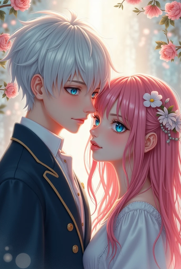 Make a image of a couple boy have white hair and bule eye girl have pink hair