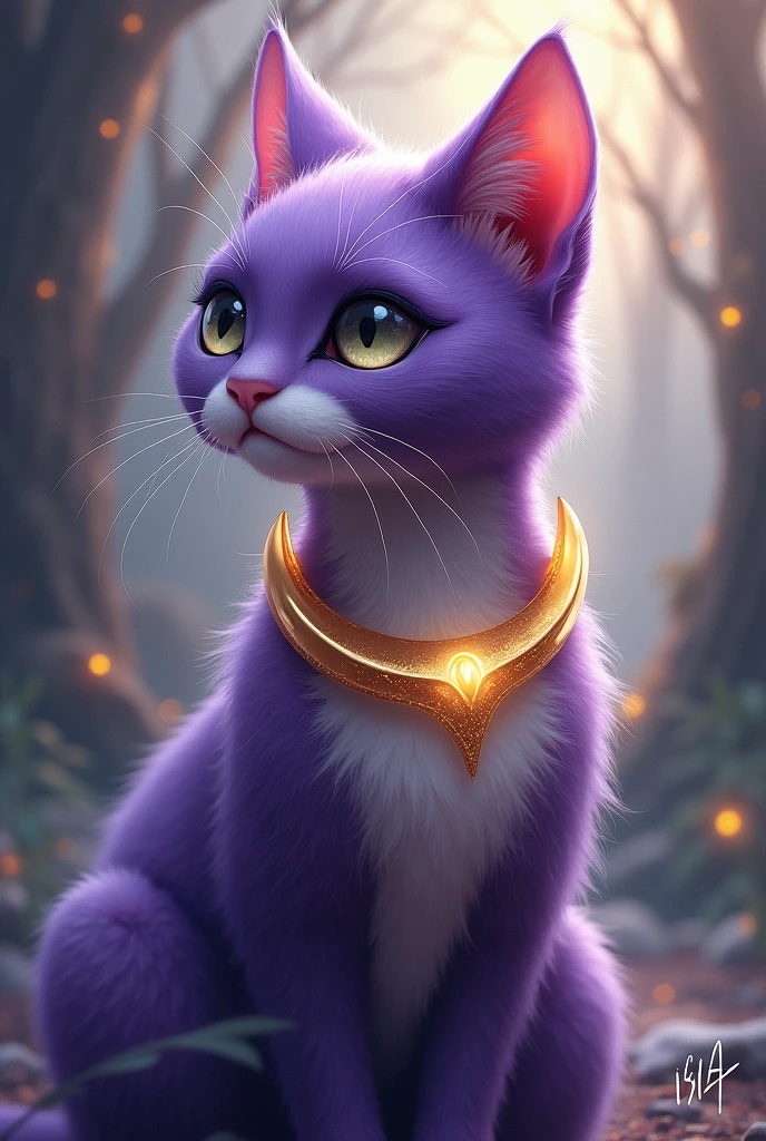 a purple cat with a yellow crescent-shaped collar 
