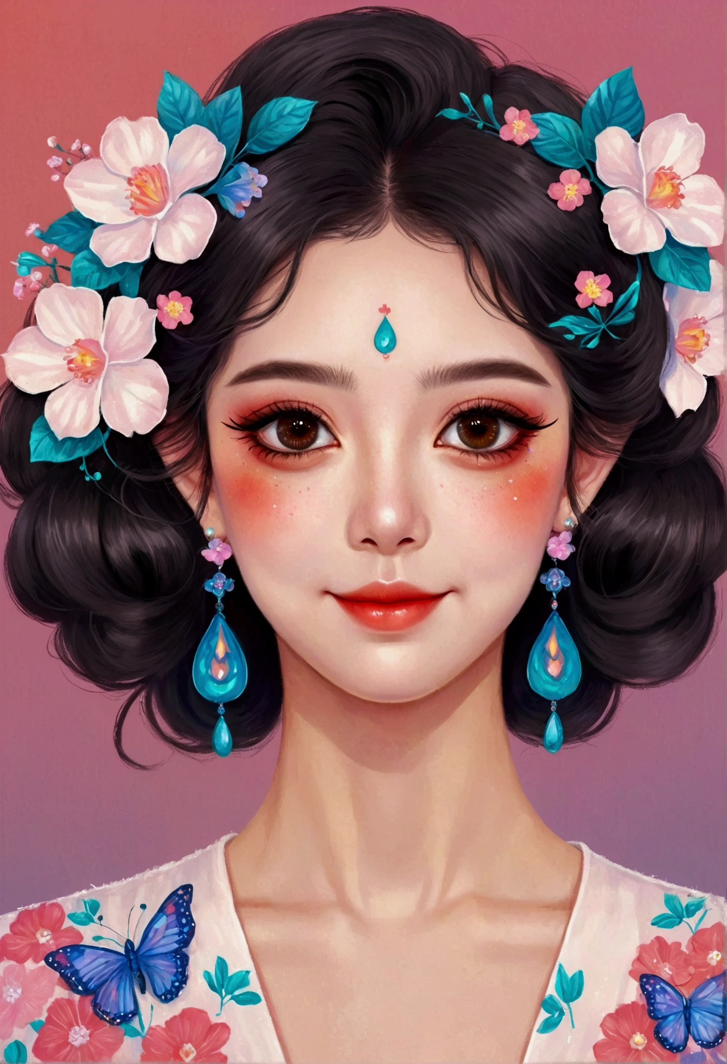 Digital Art Girl Portrait，Smile，solitary，symmetry，Gradient hair，Colorful big eyes，Fashionable and exquisite facial features，Exquisite makeup，Beautiful hairstyle，Exaggerated flower earrings，Clean and simple background