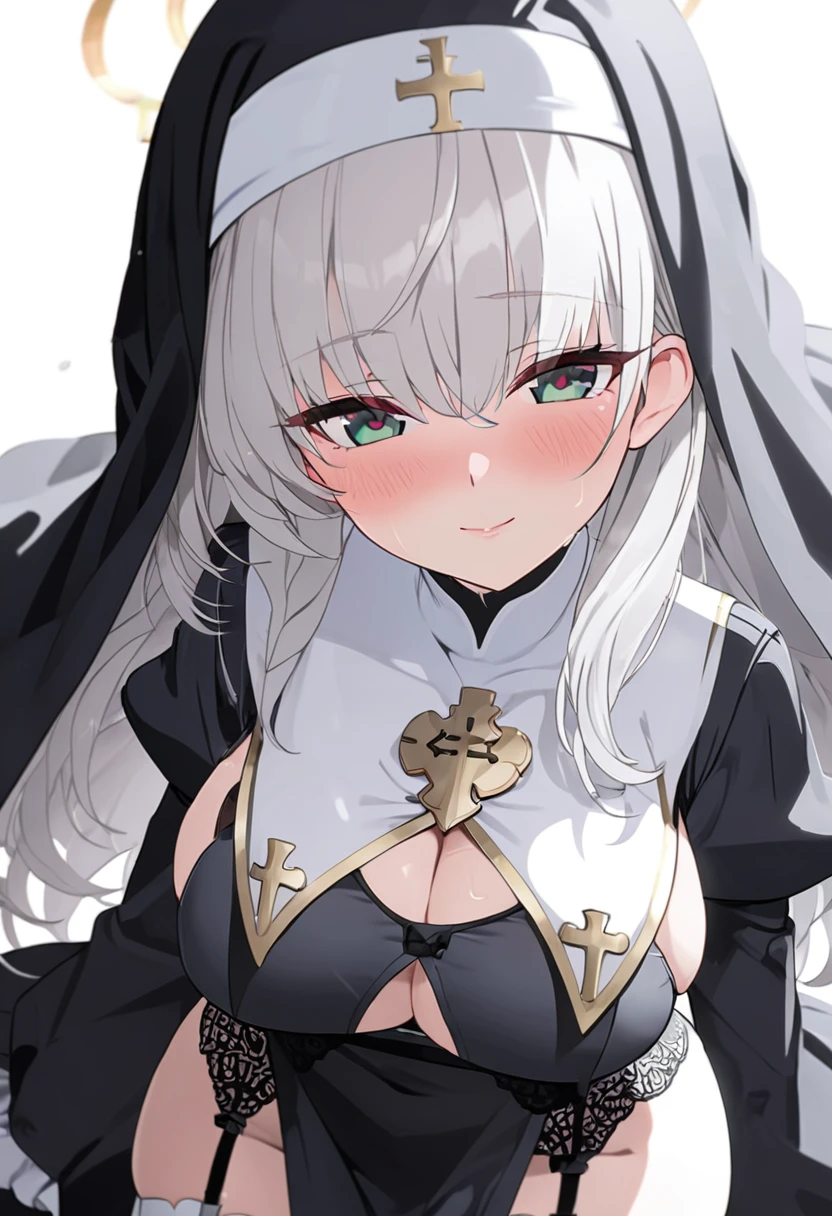 (muste piece), (best quality), (score_9, score_8_up, score_7_up), very detailed eyes, expressive eyes, perfect face, very detailed face, highly detailed face, beautiful girl, 8K, beautiful girl, (white background:1.3), delicate and beautiful face and eyes, dark intense shadow, 1 girl, solo, vtuber style, cool girl, hololive, vtuber, Shirogane Noel, silver hair, green eyes, nun uniform, habit, black dress, underboob, breast curtains, pelvic curtain, garter belt, white thighhighs, high cut skirt, soft smile, cameltoe, very big chest, cleavage, ass visible through thighs, standing, blush, sweating, half-closed eyes,