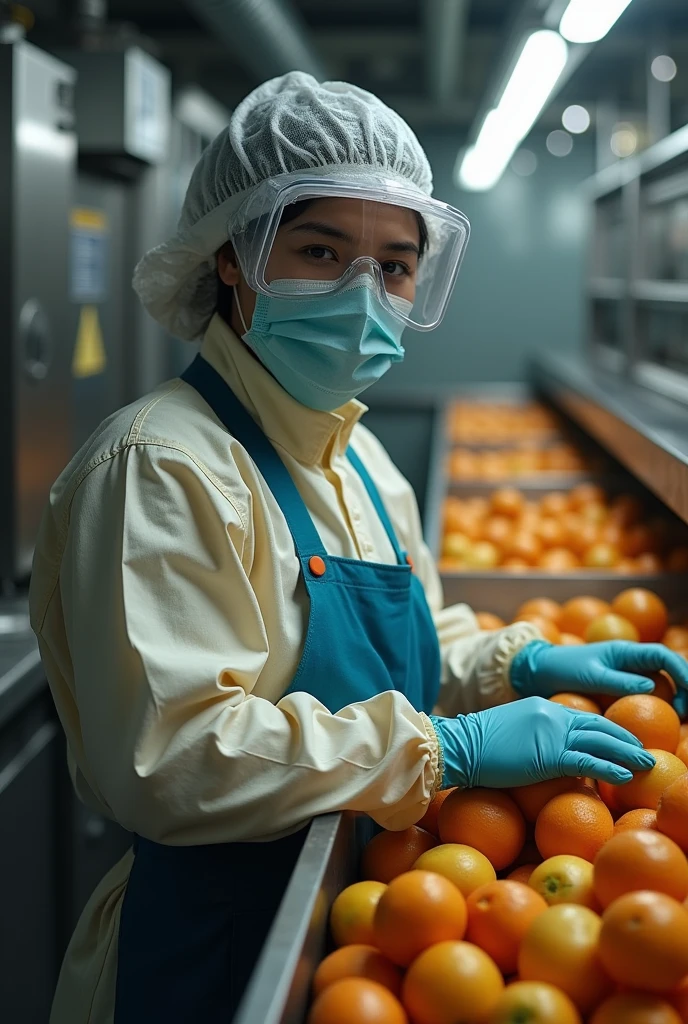 create a collaborator image using gloves, mascaras, cap all hair must be covered as well as the ears, apron, in a fruit processing agroindustry