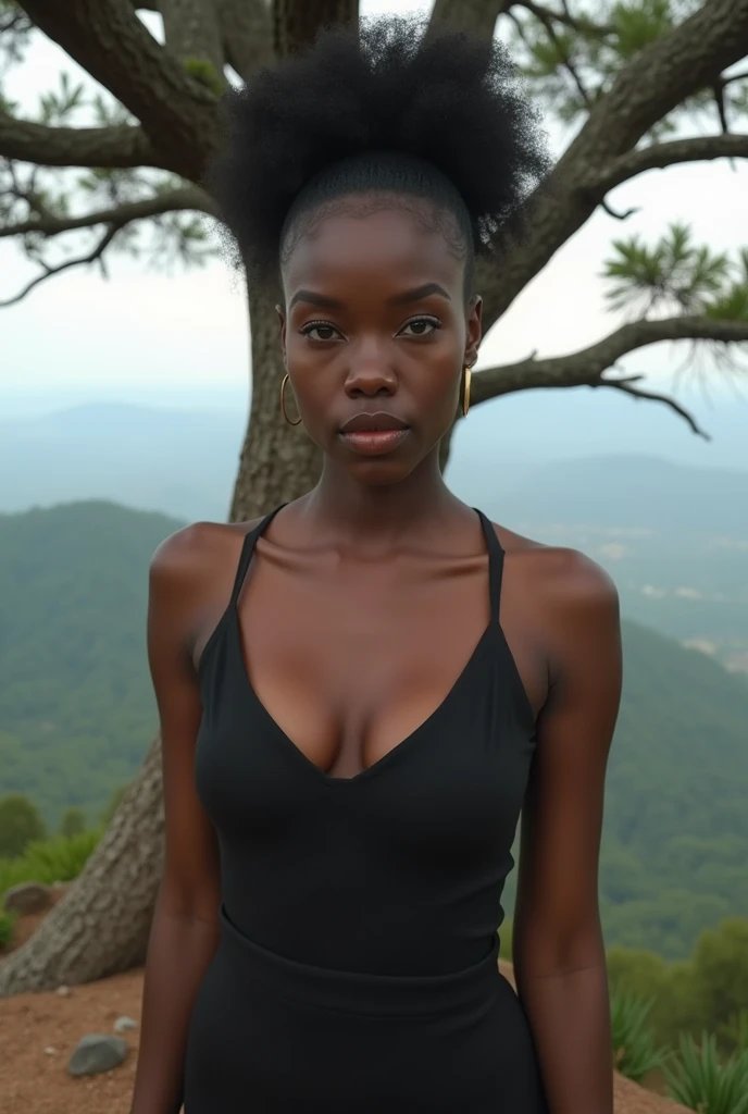 The beauty of a black woman, You are cute, Has beautifully shaped lips and dark skin., Her eyes are a light honey color.., she is very beautiful, perfection , a model. She is known for her classic and elegant beauty.., very lovely woman, Standing tall on the mountain under the tree through her beautiful cleavage.., natural breasts, , Wide and pointed nipples, Prominent Hinoon Hill, Very sexy, The image must be high resolution (16k hard drive) Render in stunning 8K resolution,