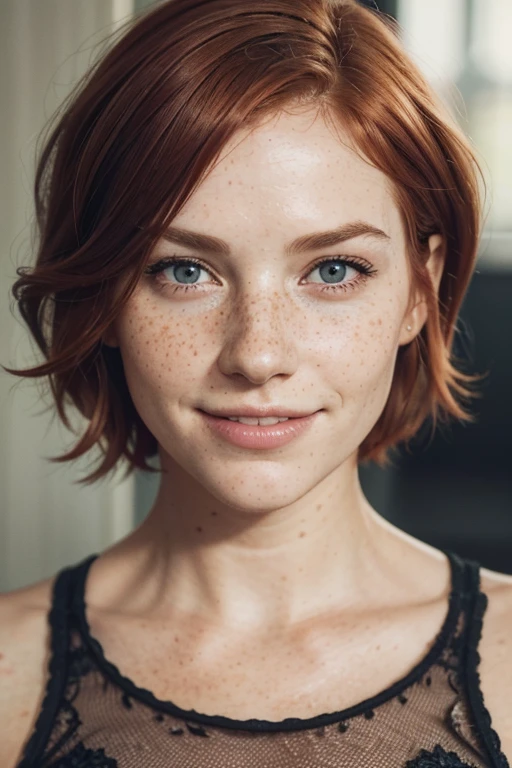 feminine figure, redhead, freckles, best quality, realistic skin texture, smiling, upper body portrait, dimples, photography, detailed facial features, film grain texture and high contrast, extremely high-resolution details, photographic, photorealistic, hyper-realistic, HDR, masterpiece, short hair.