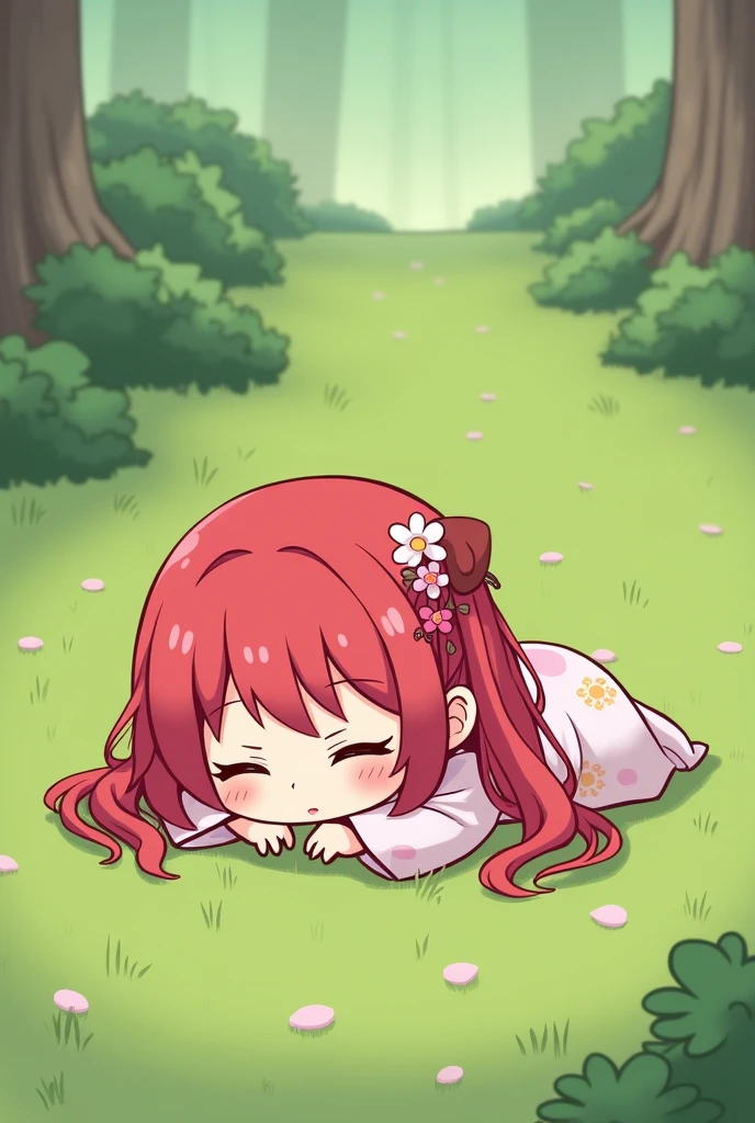 Naruto. A chibi girl with long red hair wearing a kimono lying on the grass (cover image)