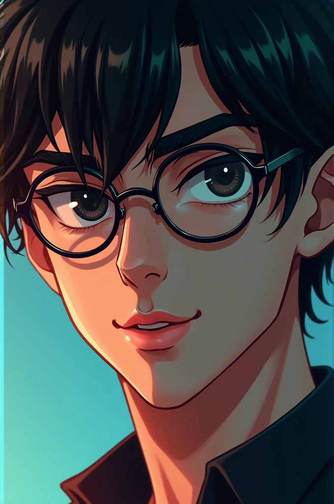 I want a man with thick eyebrows and full mouth with round glasses in anime style and Black Brown eyes and a short hair and a mistery smile