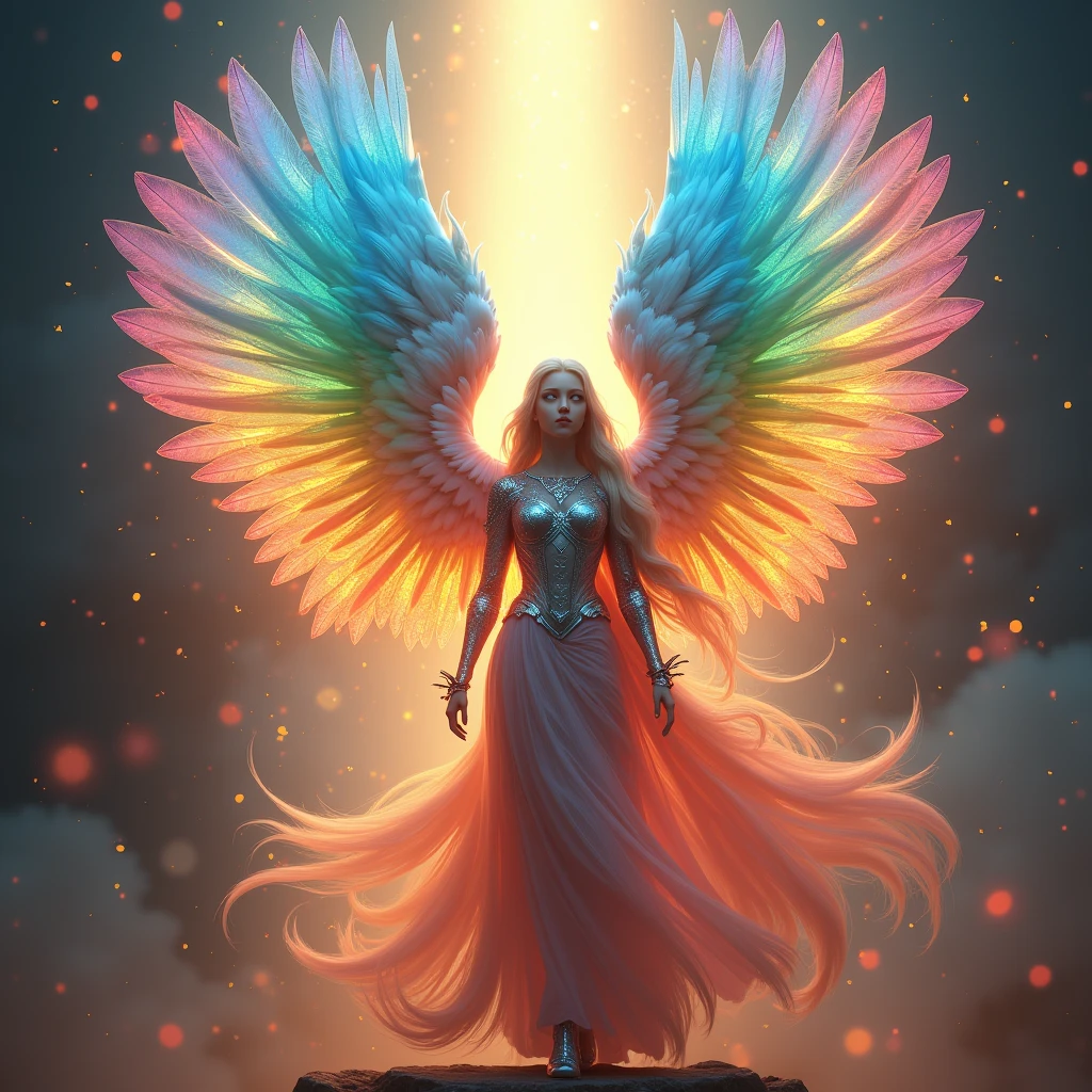 celestial angel, (((Has 3 pairs of 6 feathers on the top, middle and bottom:1.8)))、6 colorful wings、Colorful and multicolored feathers、rainbow gradient feathers、Bright and clear eyes, strange, Elegant、powerful, Very bright color, Particles of light, In bright light, Musif, Long Hair, Shining Armor, Wallpaper Art, UHD wallpaper