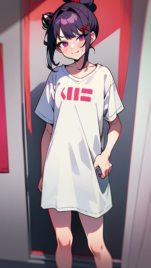 High tail hairstyle, one Ponytail hairstyle, Ponytail hairstyle,white hair, Long wavy black hair, standing posando, anime girl style, pixel art anime style,penetrating look with deep eyes,red and purple eyes, hair with a ponytail hairstyle trapped with a big red bun, women, red hair clips, x color shaped hair clips , smiling face blush, next to his bed, Black hair, thighs grandes, NSFW, from below, neckline, looking at the viewer, lascivious smile, ((oversized t-shirt)), off the shoulders, without pants, washing machines, thighs, ((White T-shirt)), standing, hands on the hips,Hair down to the back