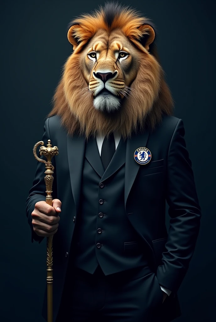 Create an image of a lion in a black suit with the Chelsea football club symbol on the chest in small size . The lion is holding a golden staff. dark blue background . 4k ultra realistic
