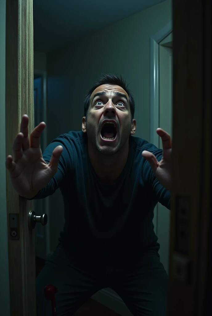A man trying to scream inside the house