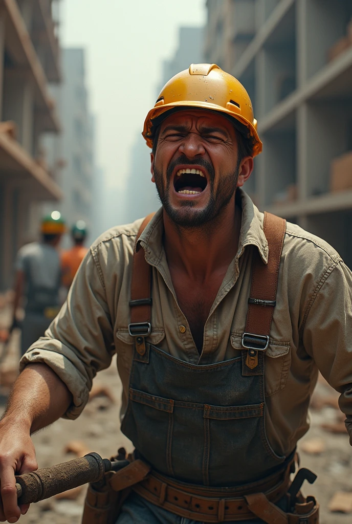 Create a worker without safety equipment suffering an accident in construction