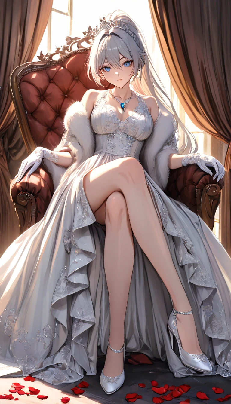 masterpiece, best quality, kiana kaslana \(honkai impact 3rd\), herrscher of finality, white hair, ahoge, ponytail, very long hair, blue eyes, slit pupils, (elegant white gown:1.6), (delicate lace trim:1.4), (fitted bodice:1.5), (satin gloves:1.4), (intricate floral details:1.5), (crystal pendant necklace:1.6), (high heels:1.4), (sheer curtains:1.3), (rose petal accents:1.4), (luxurious fabric:1.4), (regal fashion:1.5), (refined elegance:1.6), (romantic atmosphere:1.4), (soft lighting:1.3), cross one legs, cross your legs, sit on a chair biologically correct body,