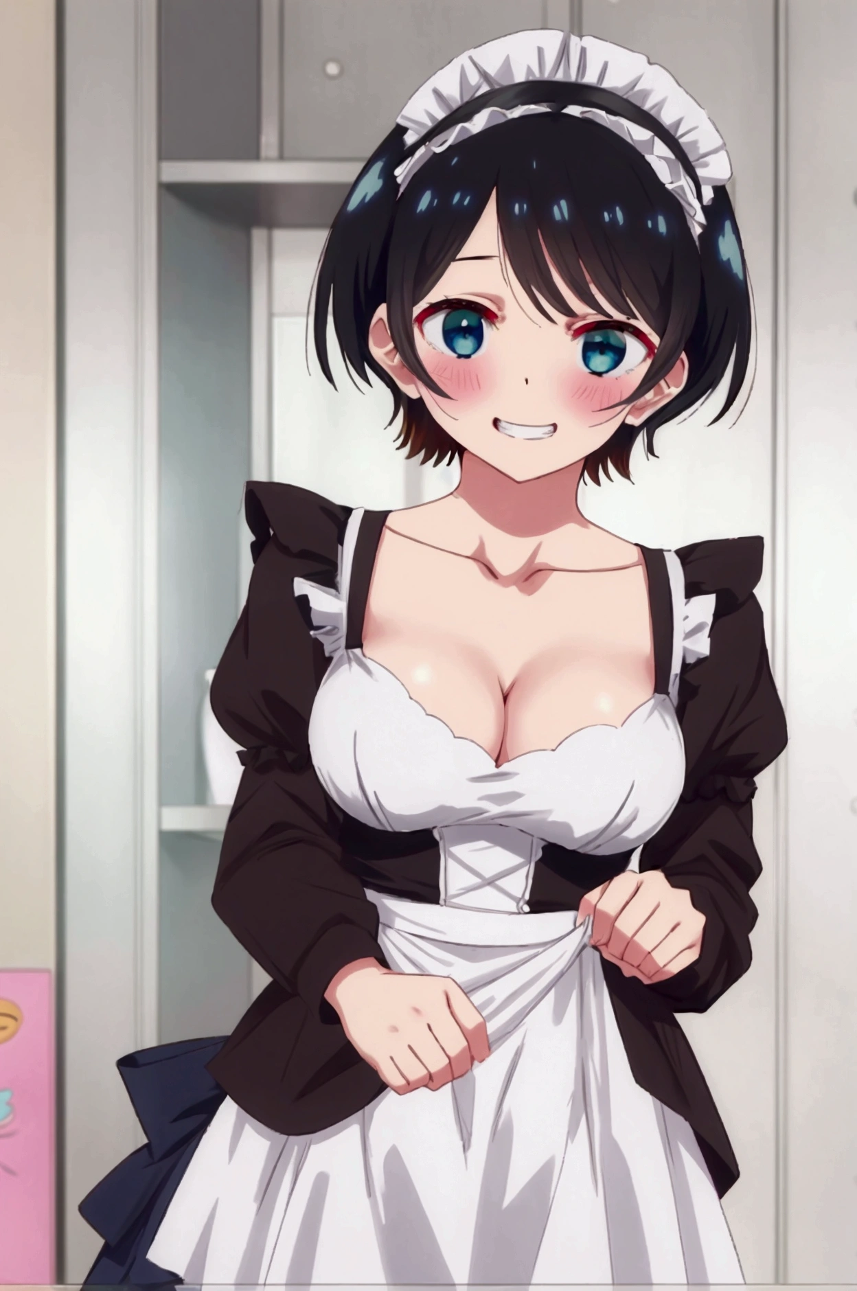 Girl、ruka sarashina、Maid clothes、Maid headdress、Cleavage、Blushing、Grin、Accentuate your breasts、mini skirt、cafeteria