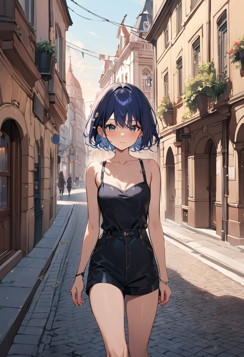 (masterpiece, best quality),a cute girl walking down street with a tree, budapest street background, streets of heidelberg, at dusk, streetscape, outdoors european,  photograph, detailed, BREAK (girl,16yo,detailed face,(darkblue hair, wavy-short hair),eyebrows,middle small breasts),