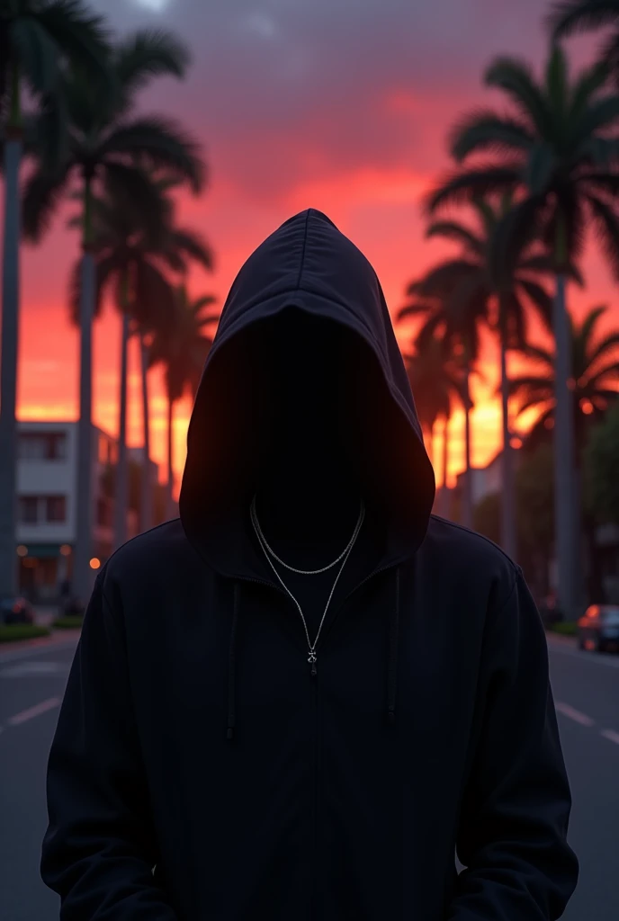 A man invisible in the shadows with a discreet silver necklace on a street with palm trees. In the background a red orange violet sunset