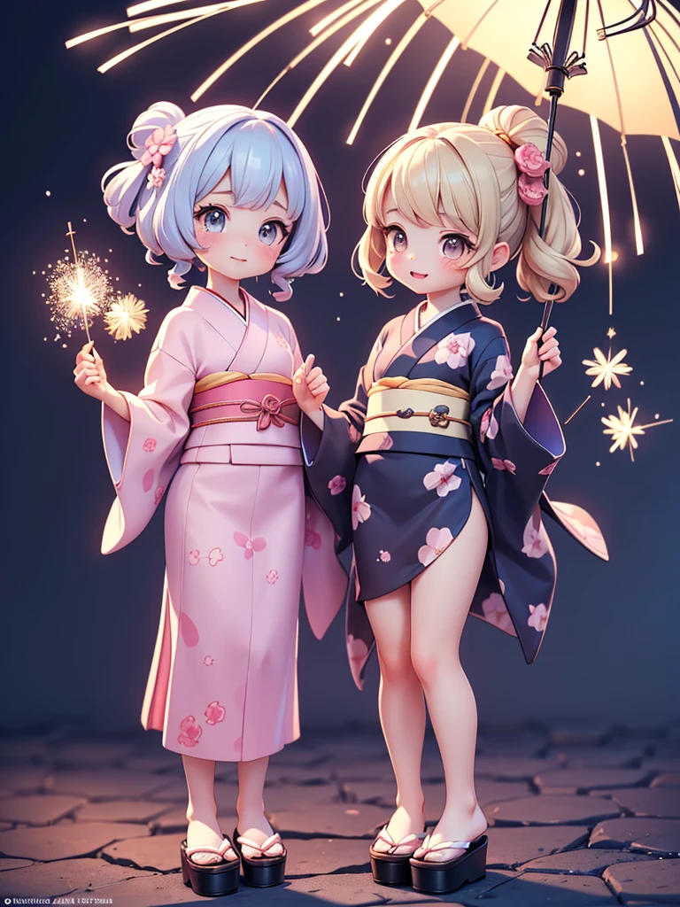 ((petite cute 2girls)), ((cute face)), ((puffy eyes)), ((masterpiece)), ((best quality)), ((ultra detailed)), ((exquisite)), ((depth)), ((crisp)), ((8k)), ((beautiful and aesthetic)), ((super detailed skin)), ((high standard)), ((highres)), (perfect anatomy), (blush), (lipstick), (full body), (nostalgic scenery), (cove, night), (emotional), (yukata), (japanese sparklers)