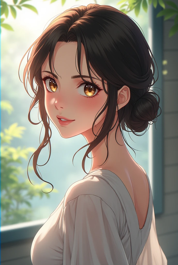 (anime version) Miyamoto is a 2 woman, with a natural beauty and a serene personality that perfectly complements Yoriichi's calmness. She has dark brown hair that she wears loose or in a simple updo., and her honey-colored eyes shine with warmth. Her style is simple but elegant., preferring comfortable clothes that highlight her innate grace.