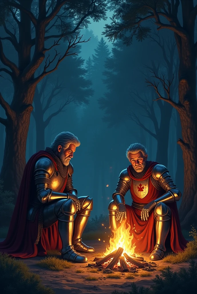 2 knights sit around a fire in the middle of the forest after dark
