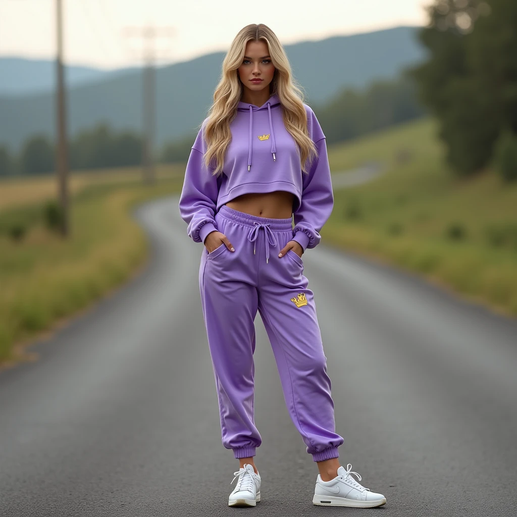 hyperealistic photo A full body shot of a beautiful blonde woman wearing a violet Nike tracksuit, including a cropped hoodie with golden crown logo on the right side and sweatpants, paired with white sneakers. She is posing for a photo in front of a Country road . Realistic, detailed. ultra-realistic photograph captured, high-resolution quality ,detailed face, 8k