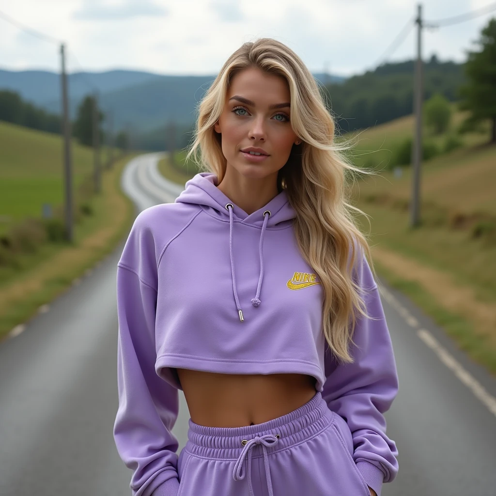 hyperealistic photo A full body shot of a beautiful blonde woman wearing a violet Nike tracksuit, including a cropped hoodie with golden crown logo on the right side and sweatpants, paired with white sneakers. She is posing for a photo in front of a Country road . Realistic, detailed. ultra-realistic photograph captured, high-resolution quality ,detailed face, 8k