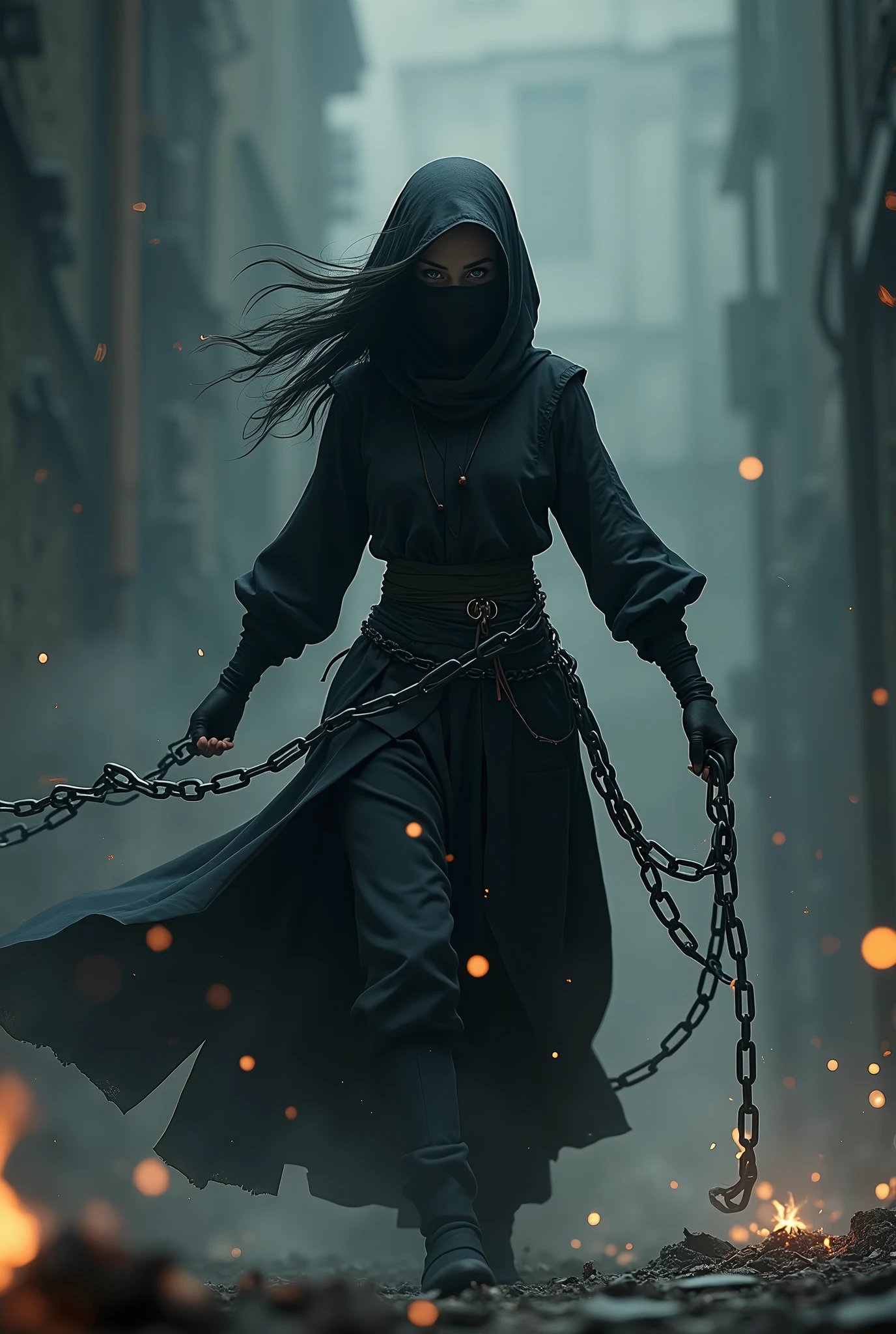 a female ninja in a dark atmosphere, chains flying out from all directions, chains as main weapon, randomized chain movements, chains flying towards the viewer, strong depth of field