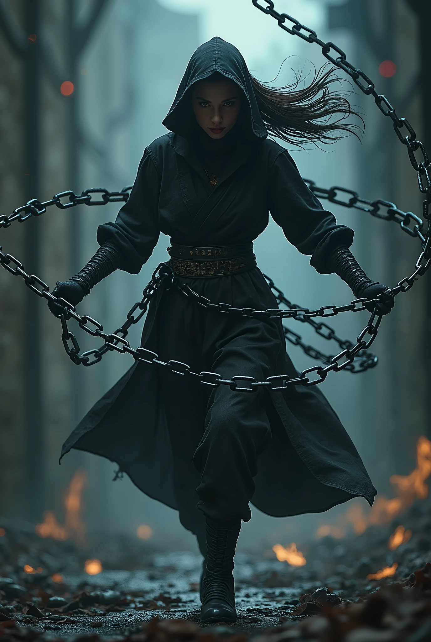 a female ninja in a dark atmosphere, chains flying out from all directions, chains as main weapon, randomized chain movements, chains flying towards the viewer, strong depth of field