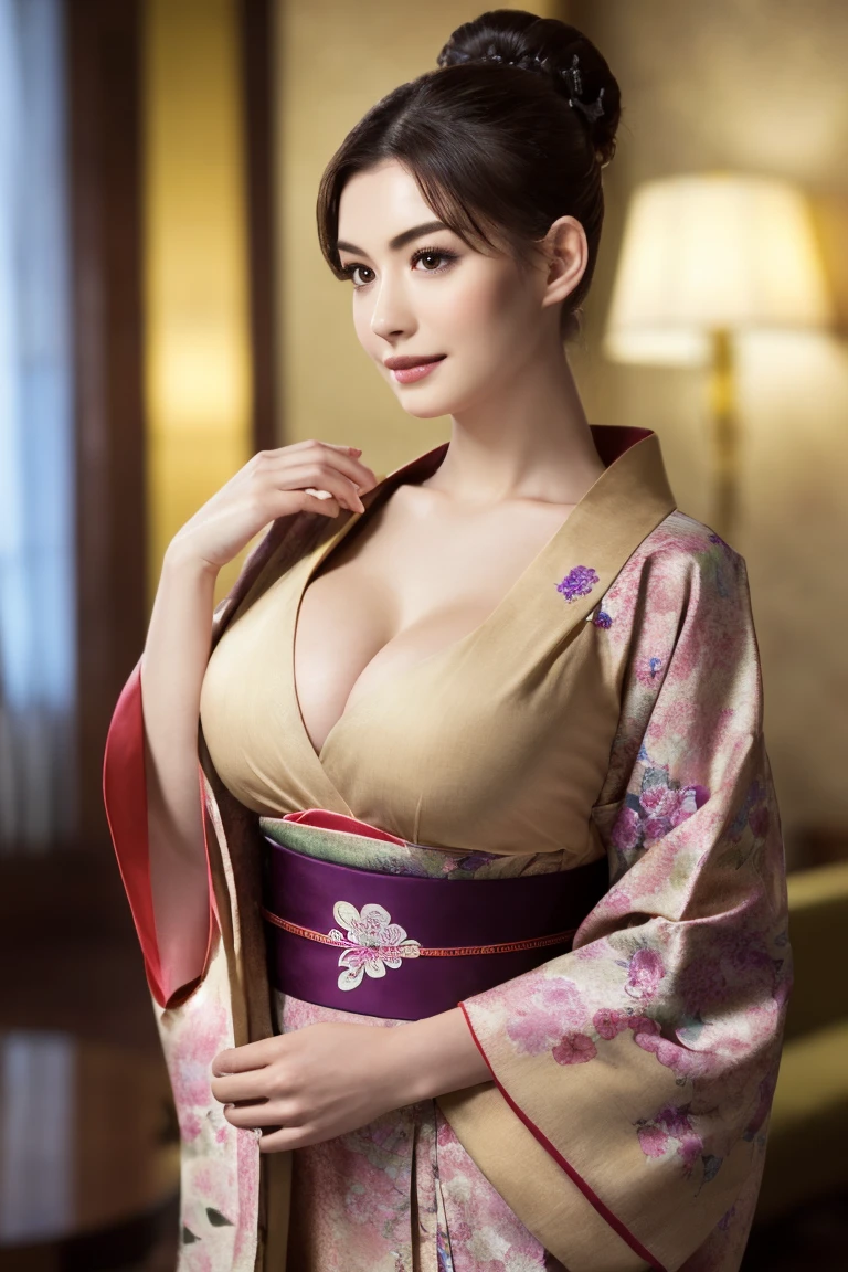 ((Highest quality)), ((masterpiece)), (detailed), (Beautiful realistic models)(Highest quality、Tabletop、Best image quality、Award-winning works)、 Beautiful hostess、(A beautiful kimono with an elegant and gorgeous floral pattern:1.3)、Perfect female portrait photography、Glowing Skin、Standing Elegantly、(Blurred background of elegant room in luxury hotel:1.3)、(The most elegant room:1.1)、(The most romantic and atmospheric warm lighting:1.1)、(Tyndall effect:1.2)、Great cinema lighting、Glowing Skin,(Large Breasts:1.1)、(Voluptuous body:1.1)、Accentuate your body lines、Upper body photo、Hair Bun、