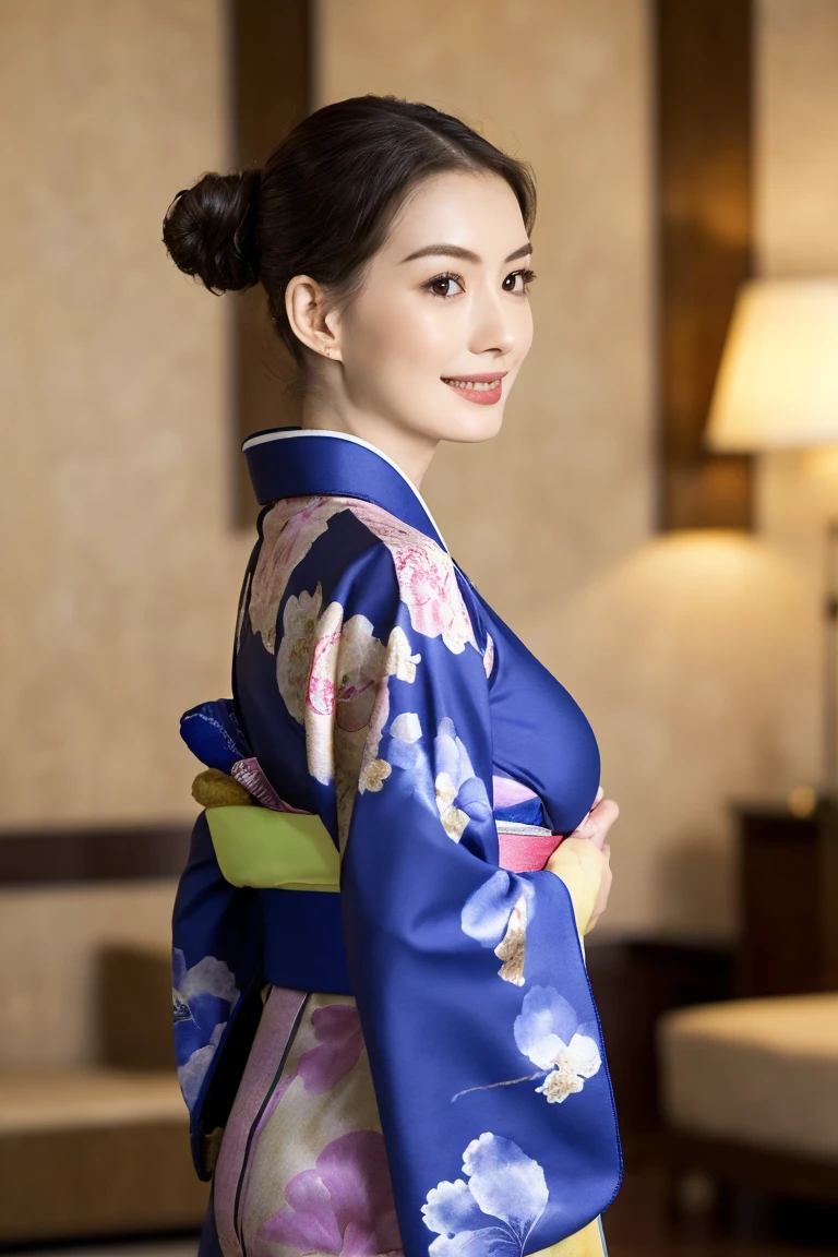 ((Highest quality)), ((masterpiece)), (detailed), (Beautiful realistic models)(Highest quality、Tabletop、Best image quality、Award-winning works)、 Beautiful hostess、(A beautiful kimono with an elegant and gorgeous floral pattern:1.3)、Perfect female portrait photography、Glowing Skin、Standing Elegantly、(Blurred background of elegant room in luxury hotel:1.3)、(The most elegant room:1.1)、(The most romantic and atmospheric warm lighting:1.1)、(Tyndall effect:1.2)、Great cinema lighting、Glowing Skin,(Large Breasts:1.1)、(Voluptuous body:1.1)、Accentuate your body lines、Upper body photo、Hair Bun、