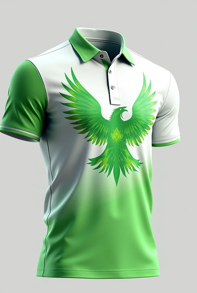 I want you to create a “shirt” for me that is “white with green” and that has a “transparent eagle” and the “facem” logo and that has “designs”
