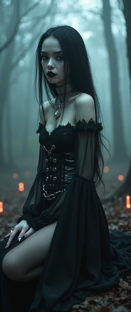 a stylish emo pale witch gothic woman crouched in dark foggy enchanted forest around glowing hex satanic ritual, witch hat, black velvets, lace, fishnets and leather tinged with scarlet or purple, accessorized with tightly laced corsets, gloves, platform boots and silver jewellery depicting occult themes elegantly quaint in black sludge morbid, fashion and style of dress, typical gothic fashion includes black dyed hair and black clothes wear dark eyeliner, dark nail polish and lipstick, and dramatic makeup (best quality,4k,8k,highres,masterpiece:1.2),ultra-detailed,(realistic,photorealistic,photo-realistic:1.37),HDR,UHD,studio lighting,ultra-fine painting,sharp focus,physically-based rendering,extreme detail description,professional,bokeh,portrait,high fashion,elegant,glamorous,cinematic,dramatic lighting,moody,mysterious,sensual,sophisticated