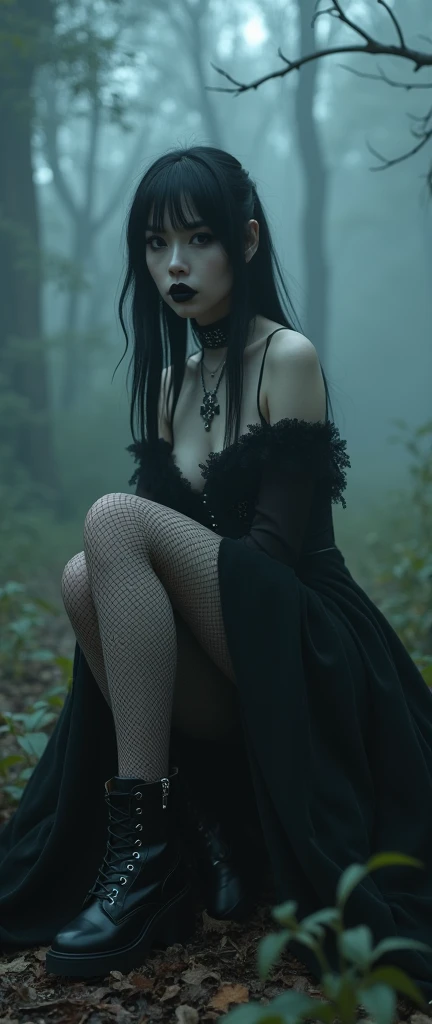 a stylish emo pale witch gothic woman wickes smile evil smirk crouched  in dark foggy enchanted  forest around glowing vex hex , witch hat, black velvets, lace, fishnets and leather tinged with scarlet or purple, accessorized with tightly laced corsets, gloves, platform boots and silver jewellery depicting occult themes elegantly quaint in black sludge morbid, fashion and style of dress, typical gothic fashion includes black dyed hair and black clothes wear dark eyeliner, dark nail polish and lipstick, and dramatic makeup (best quality,4k,8k,highres,masterpiece:1.2),ultra-detailed,(realistic,photorealistic,photo-realistic:1.37),HDR,UHD,studio lighting,ultra-fine painting,sharp focus,physically-based rendering,extreme detail description,professional,bokeh,portrait,high fashion,elegant,glamorous,cinematic,dramatic lighting,moody,mysterious,sensual,sophisticated