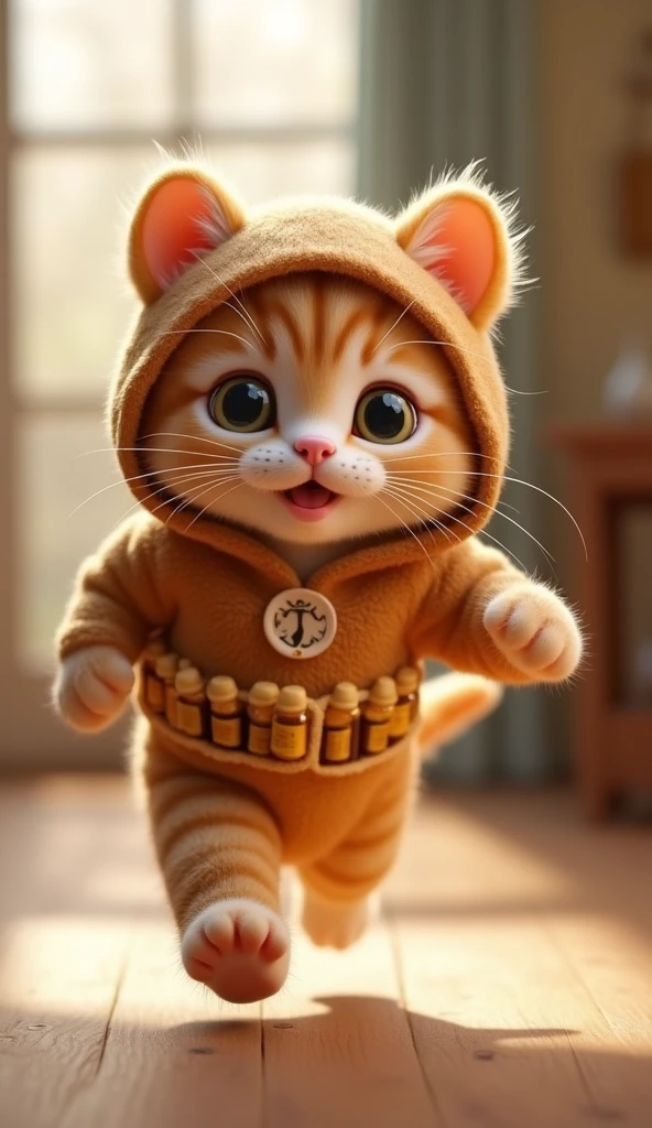 3D cute kitten character、Wearing a happy bear costume、running、Inside the house､masterpiece, Background Blur, shut up., Belt decorated with honey bottles、Highest quality, Close your mouth, 