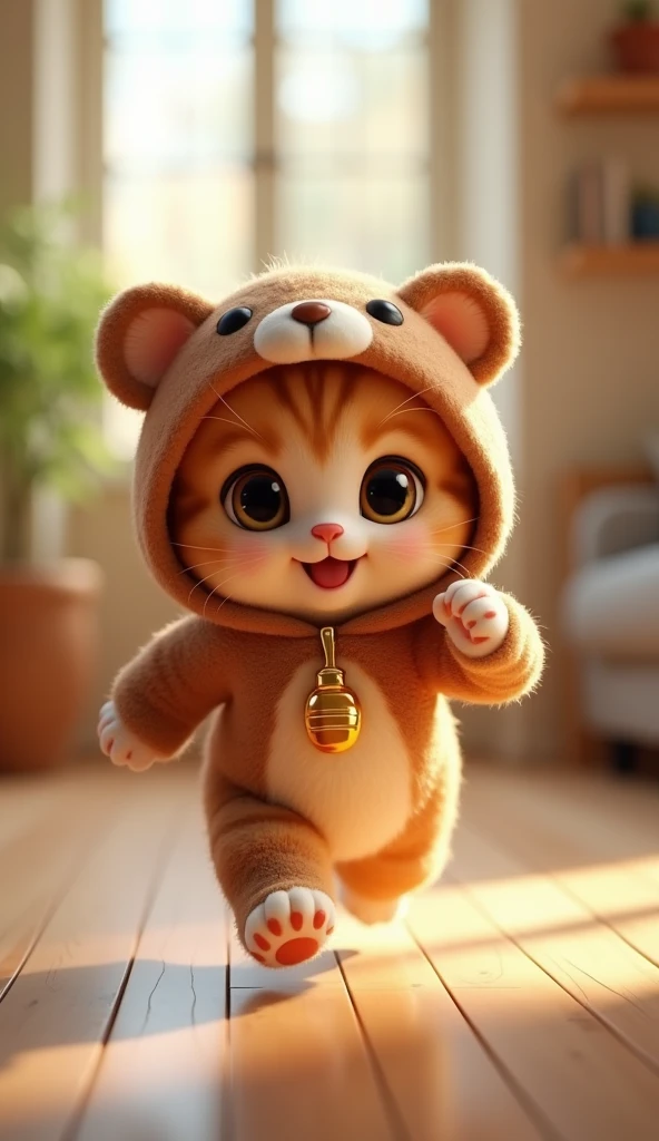 3D cute kitten character、Wearing a happy bear costume、running、Inside the house､masterpiece, Background Blur, shut up., Belt decorated with honey bottles、Highest quality, Close your mouth, 