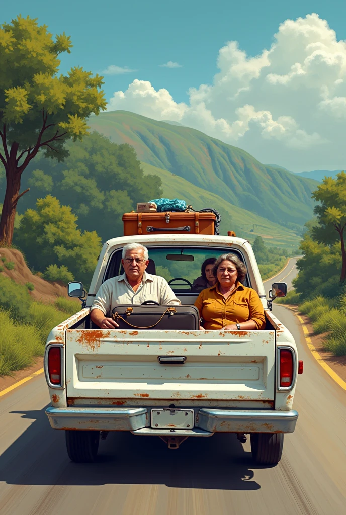 Uma pick-up branca, with a man driving, an old lady in the passenger seat, two fat women behind and loaded with suitcases in the back