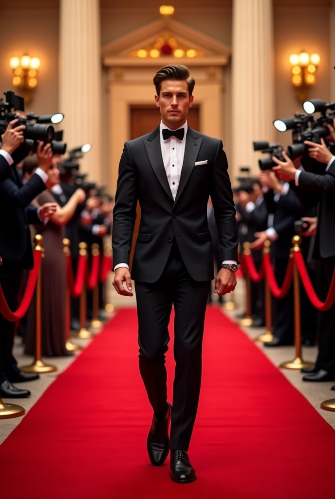 A young   man  going  on a red carpet .  