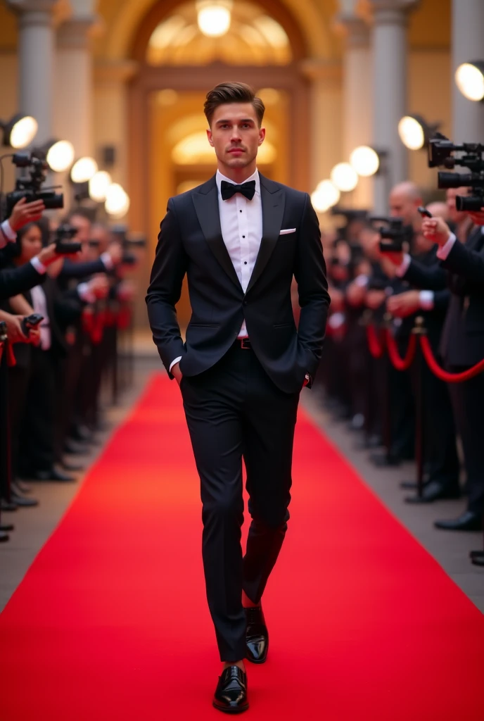 A young   man  going  on a red carpet .  
